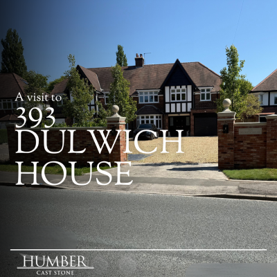 Dulwich House driveway featuring 5 of our cast stone products including Pier Caps, Wall Copings, Date and Name Stone, String Course and Balmoral Pier Caps