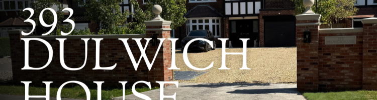 Dulwich House driveway featuring 5 of our cast stone products including Pier Caps, Wall Copings, Date and Name Stone, String Course and Balmoral Pier Caps