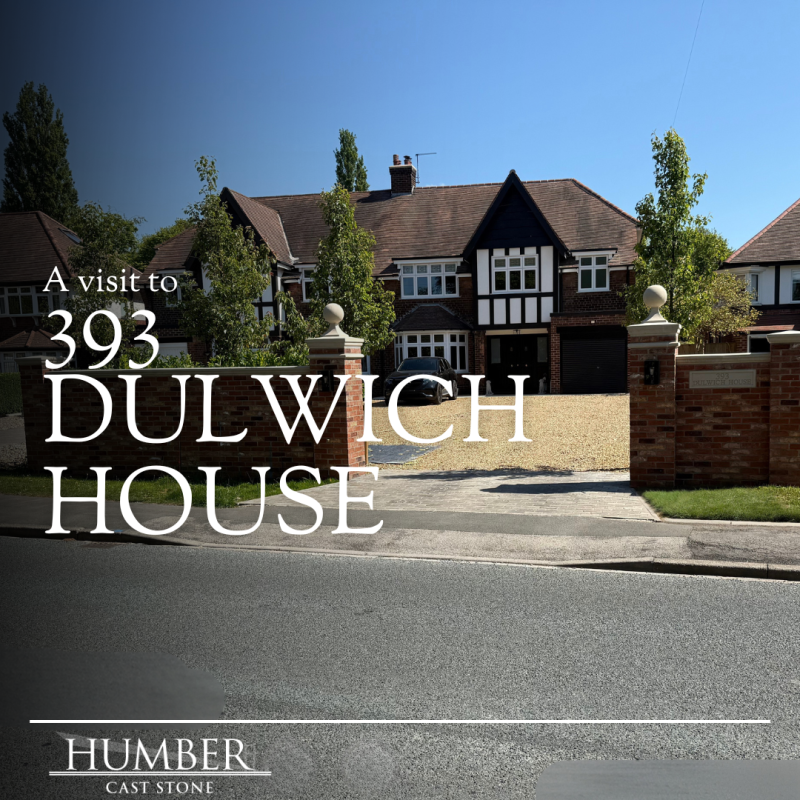 Dulwich House driveway featuring 5 of our cast stone products including Pier Caps, Wall Copings, Date and Name Stone, String Course and Balmoral Pier Caps
